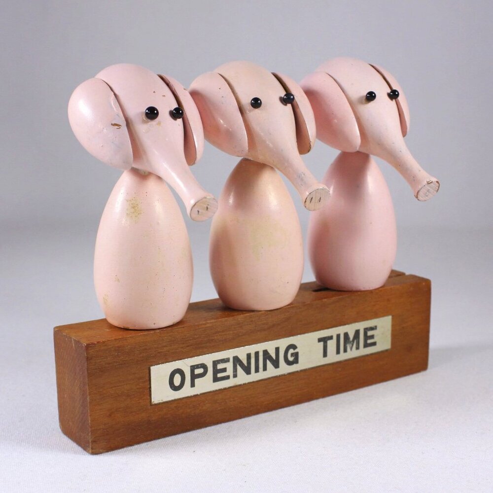 Vintage MCM Pink Elephants bar accessory set, cork, bottle opener, corkscrew